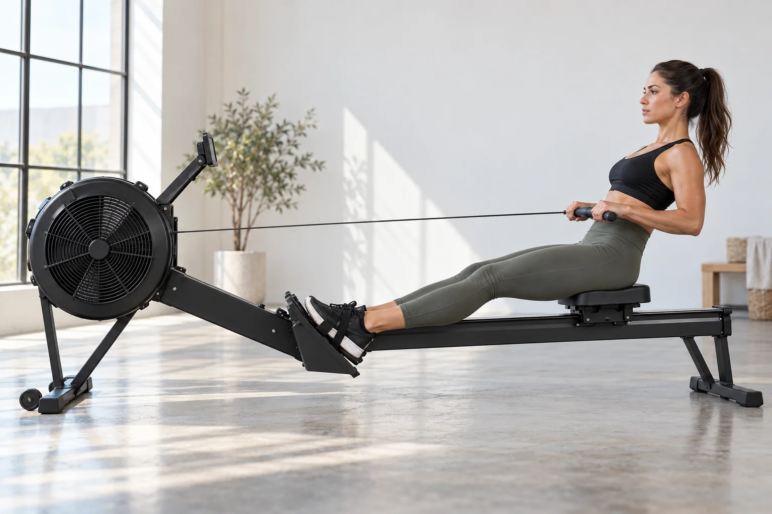 Side view of a woman at the finish of an indoor rowing stroke
