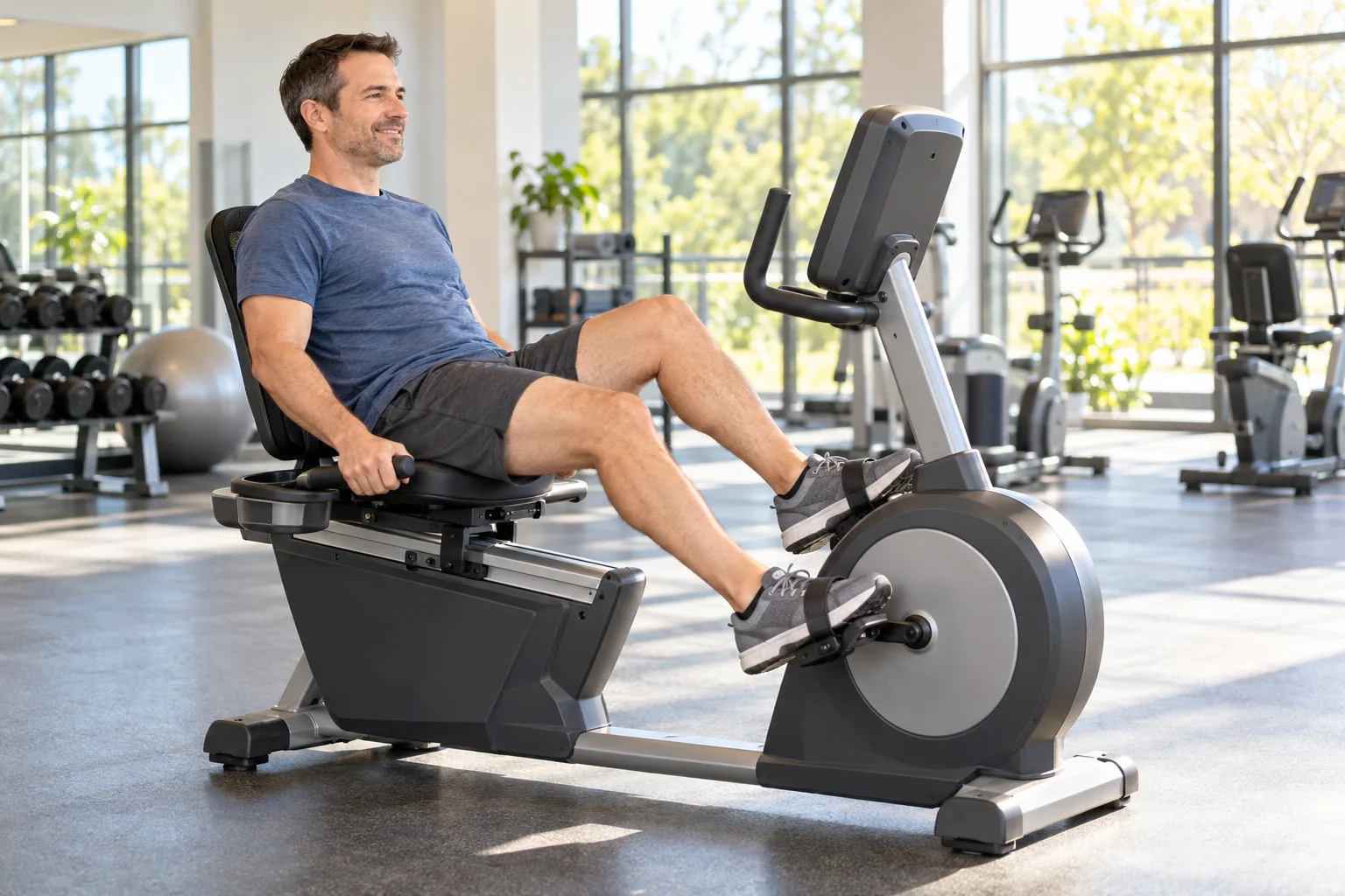 An adult man comfortably riding a realistic recumbent exercise bike, back supported, legs reaching forward with softly bent knees, spacious bright community gym