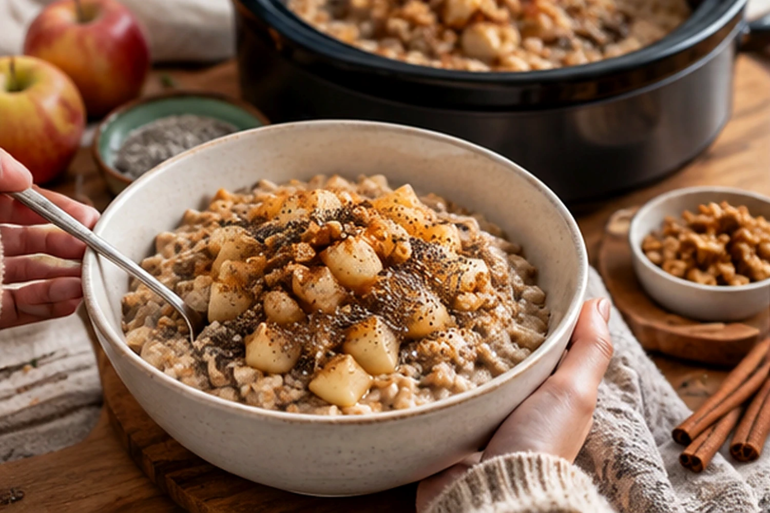 Warm bowl of steel-cut oats with apples, walnuts and chia seeds on a kitchen table