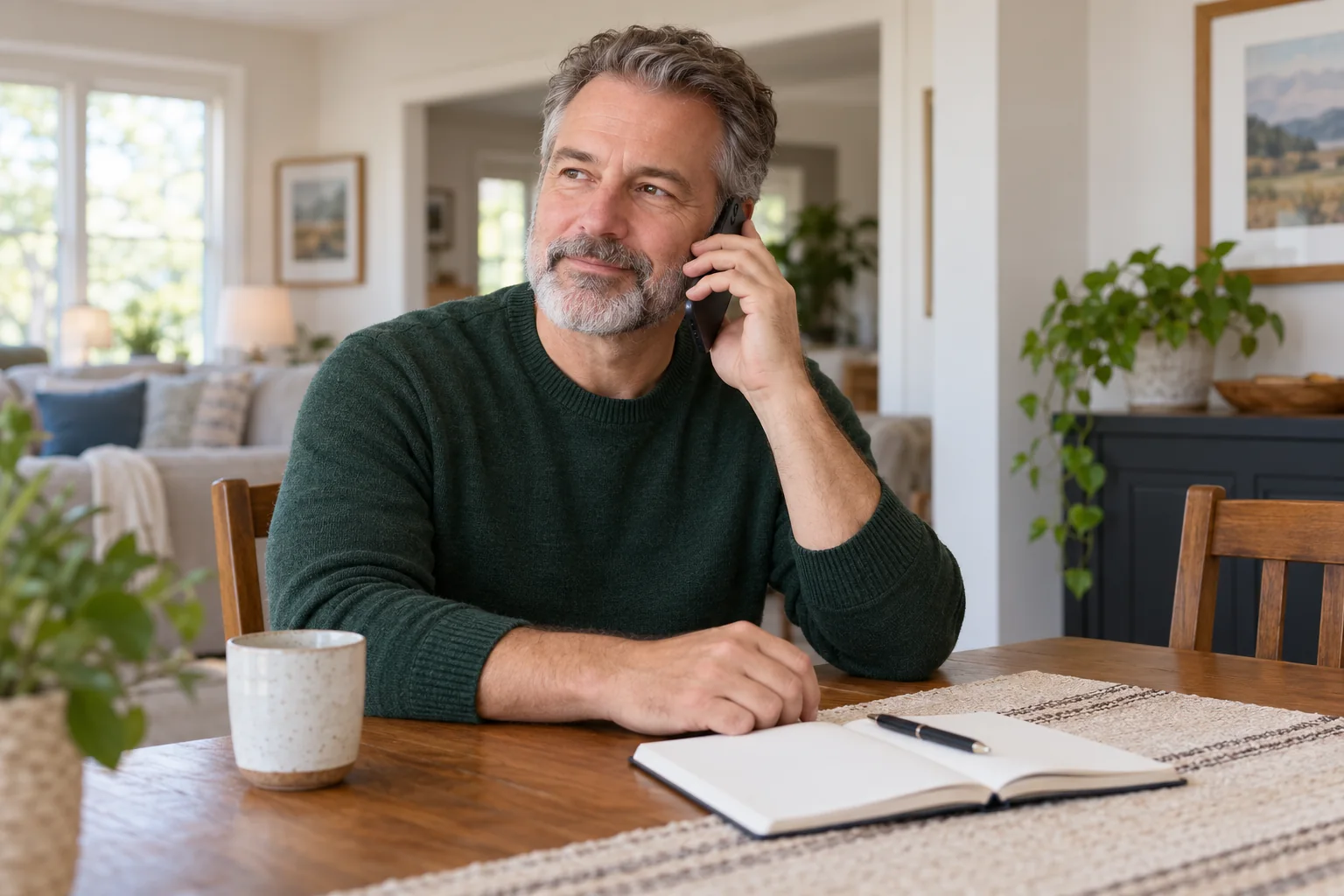 An adult making a phone call with a notebook nearby.