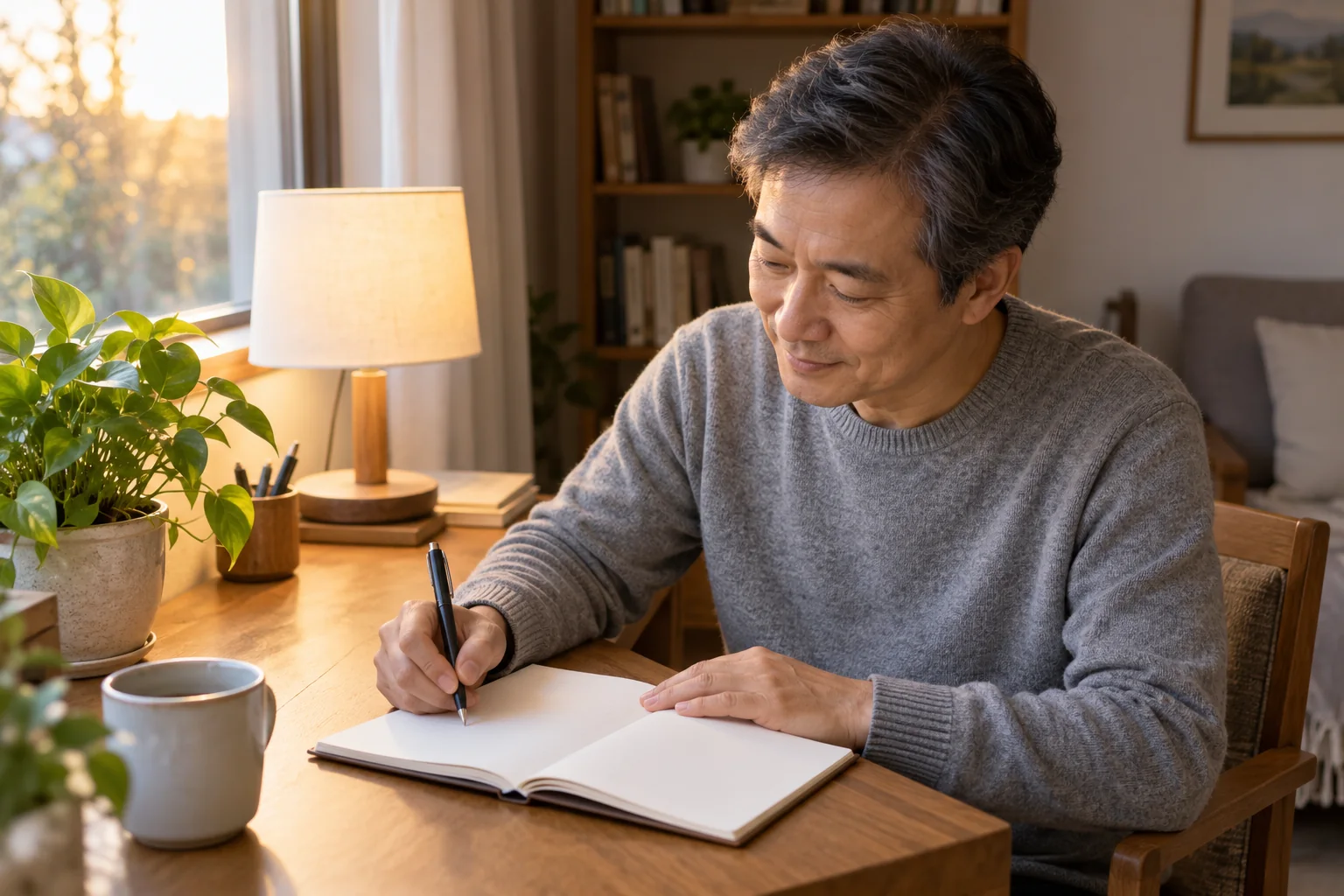 An adult writing notes in a quiet room.