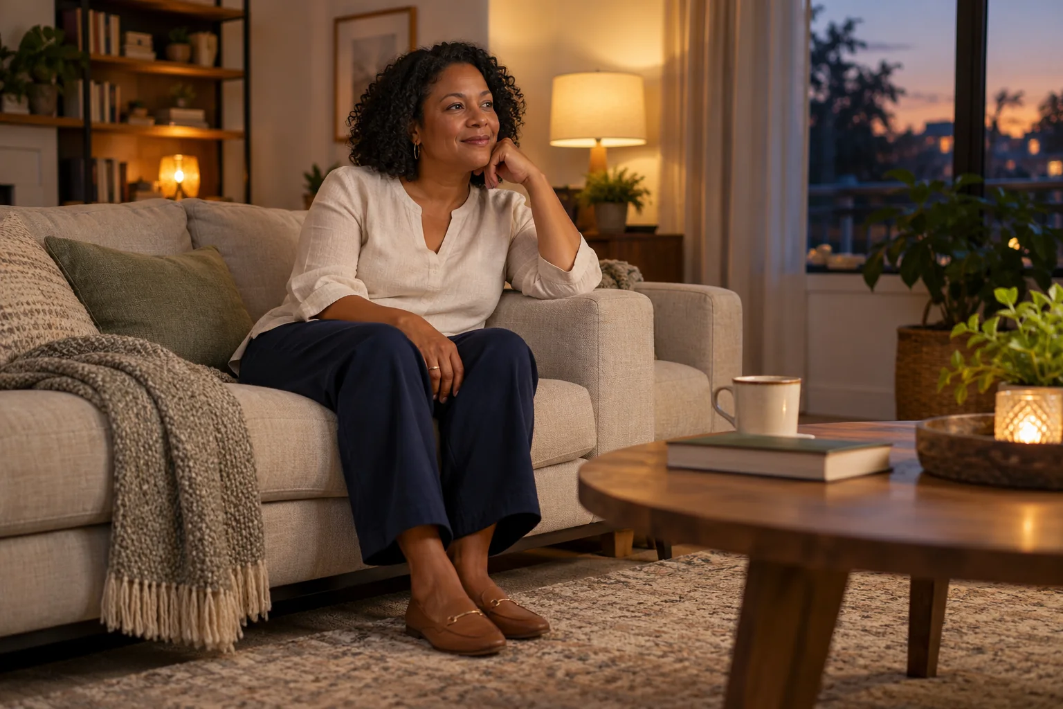 An adult sitting awake in a quiet living room in the evening.