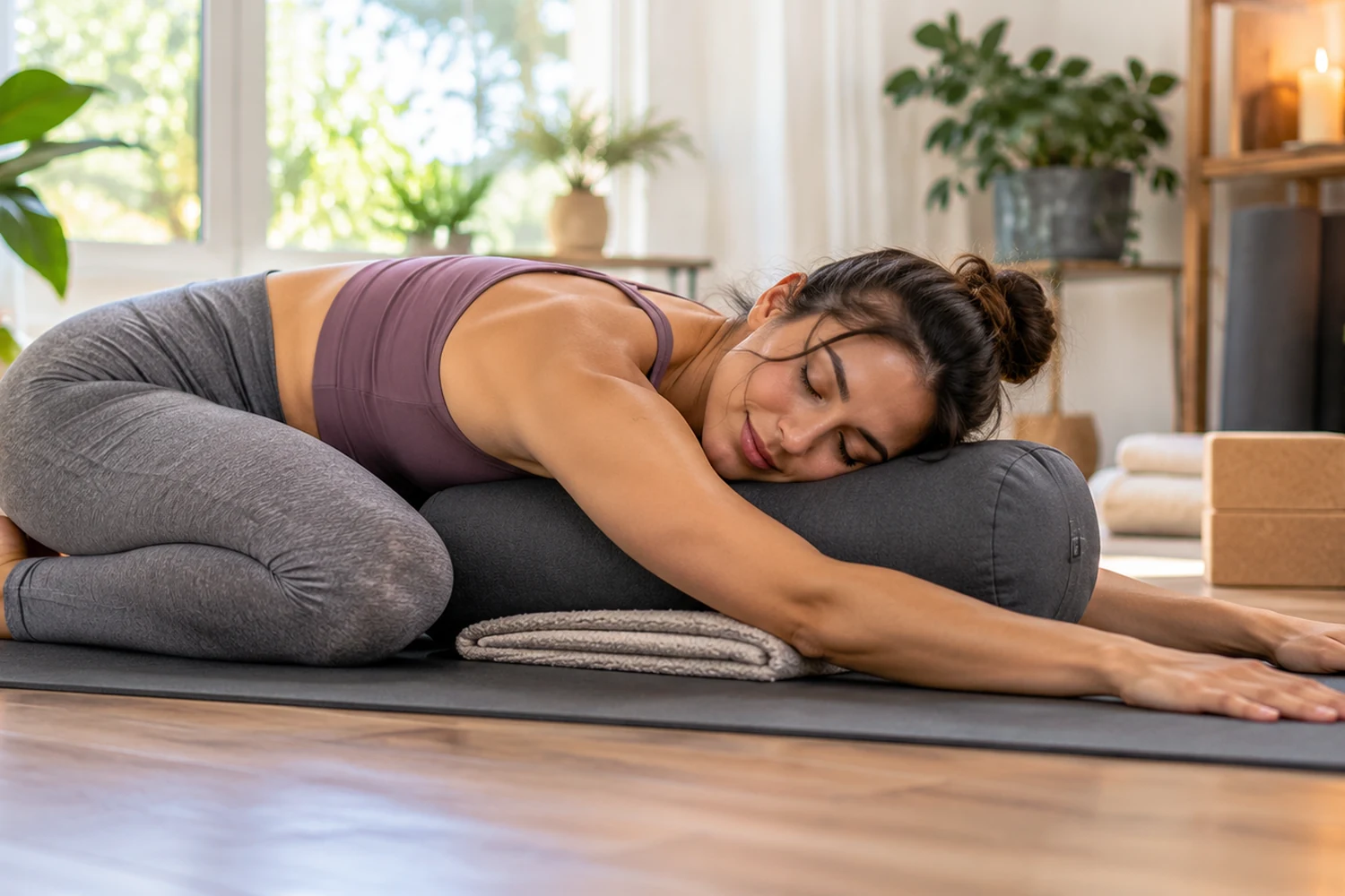 Adult woman resting over a bolster in a supported restorative Child’s Pose