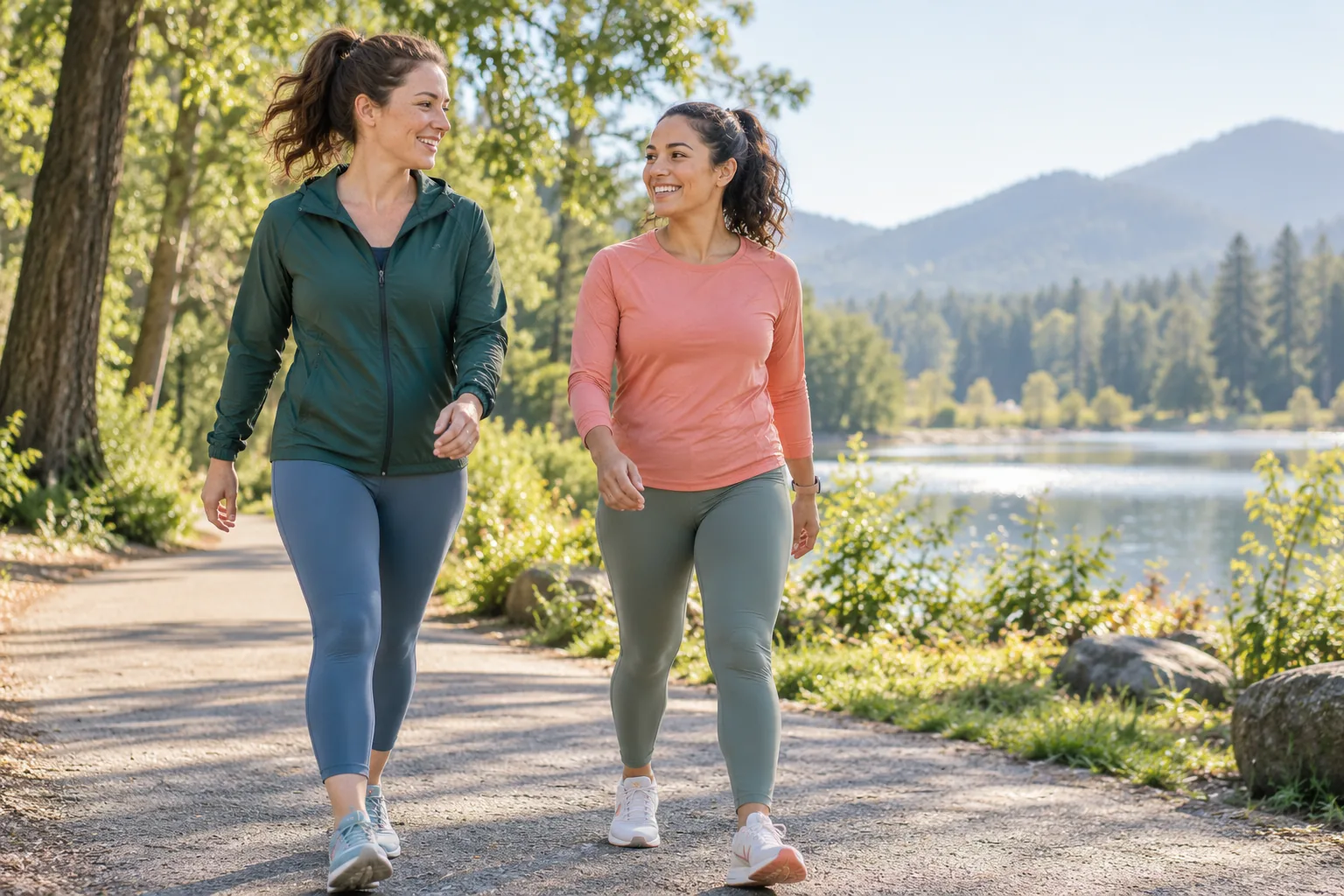 Postpartum adult and a friend walking on a level park track before returning to running