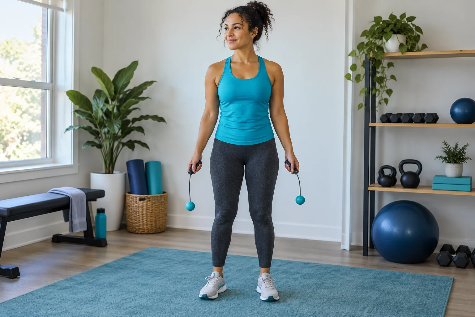 Woman preparing to exercise with cordless jump-rope handles.