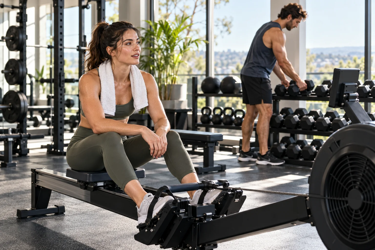Woman resting on a rower near a separate dumbbell area