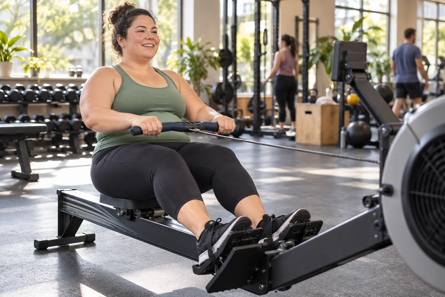 Woman using a rowing machine in a welcoming community gym