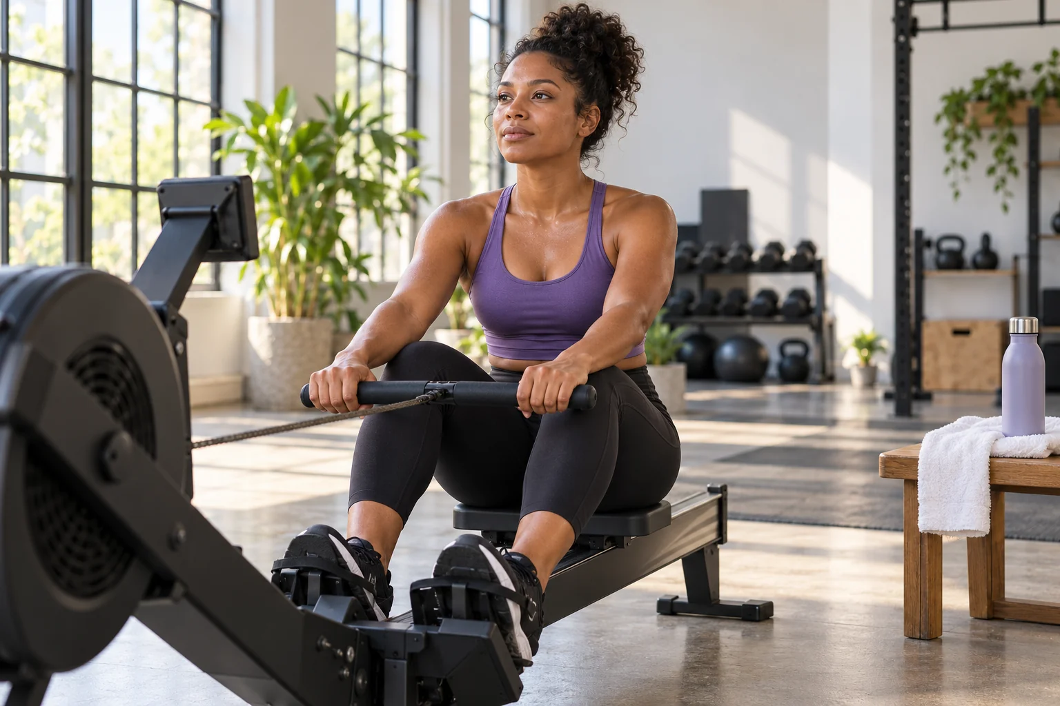 Woman resting between rowing intervals beside a towel and water bottle