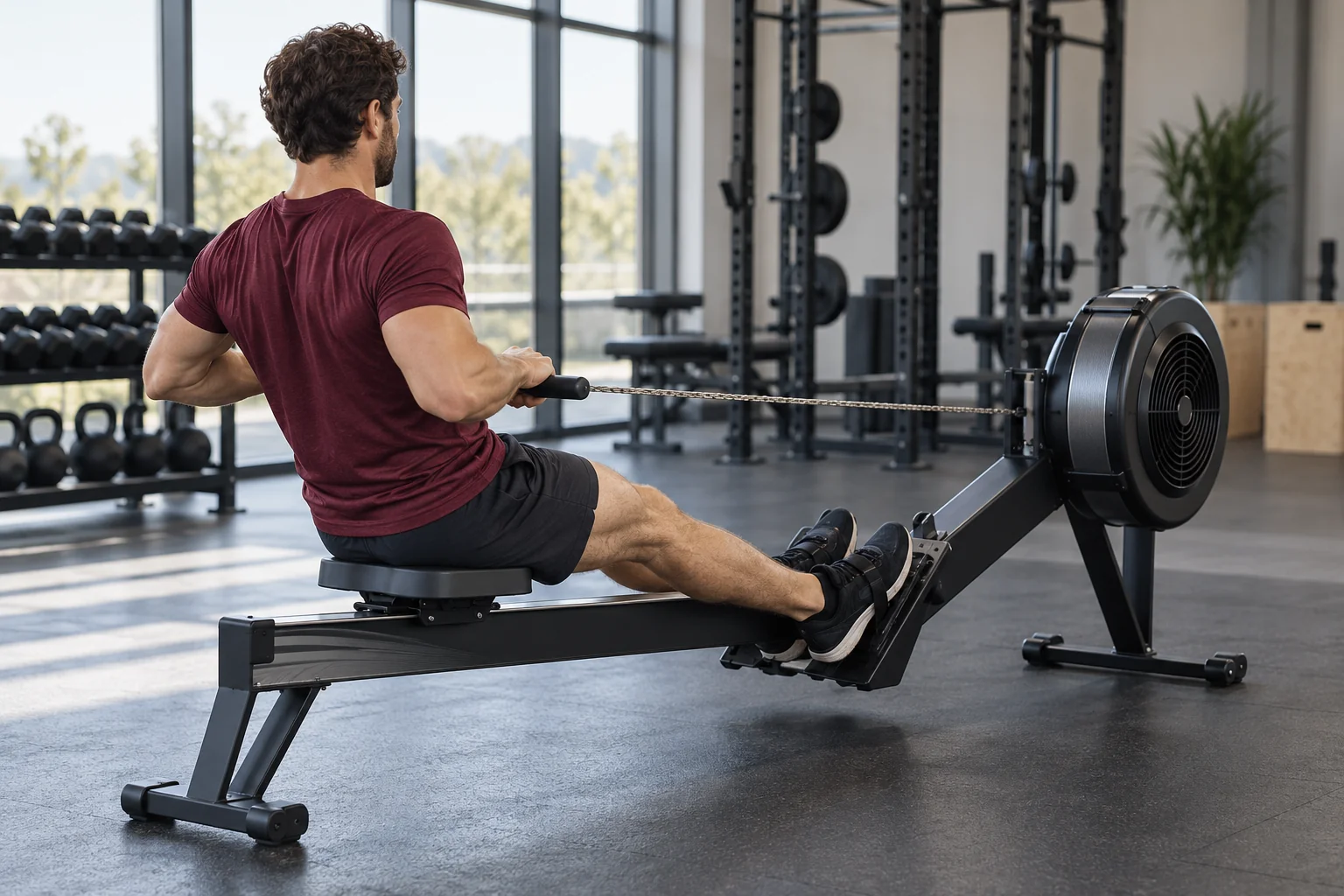Rear three-quarter view of a man using an indoor rowing machine