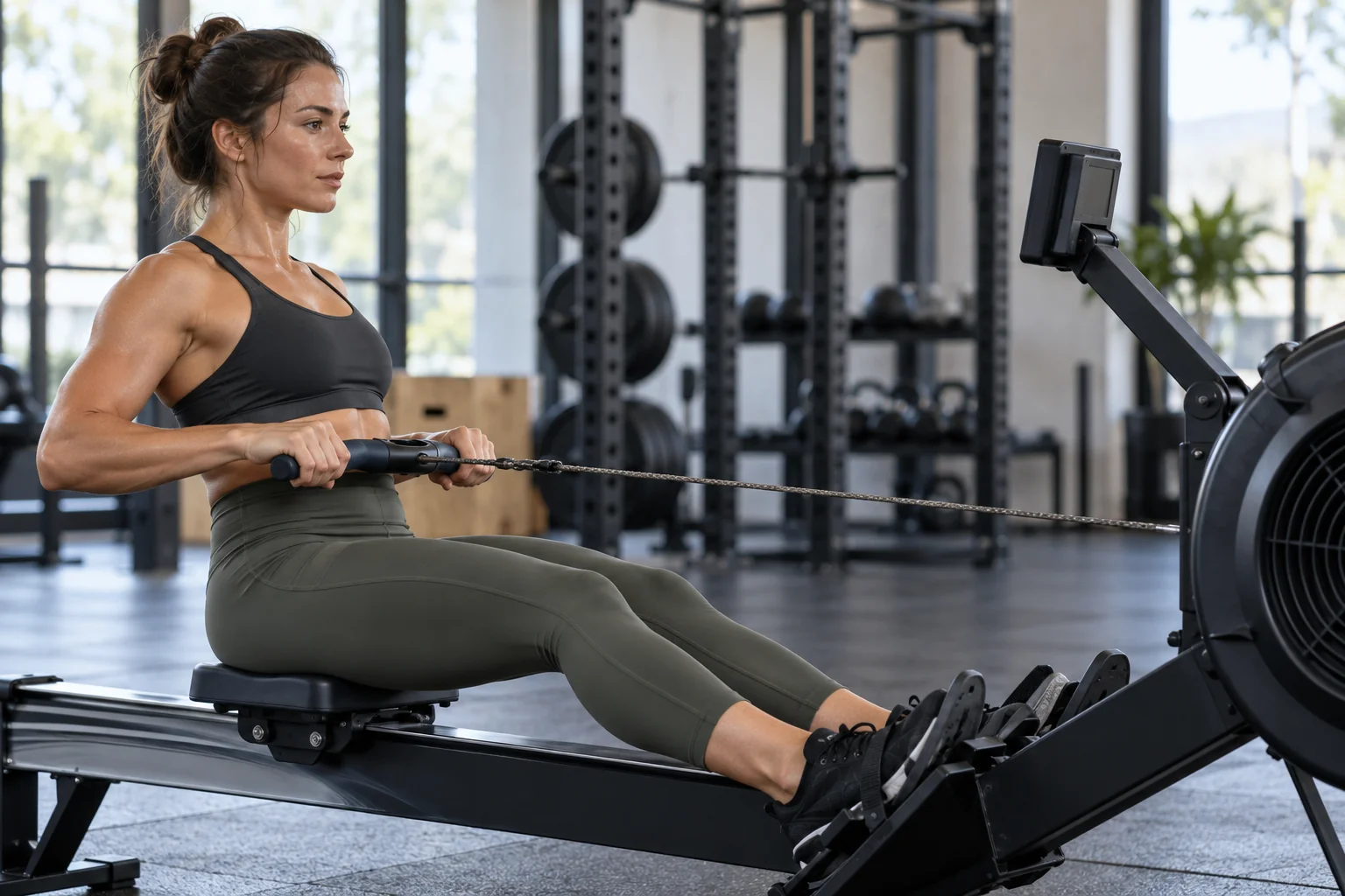 Woman checking a rowing monitor during a controlled stroke