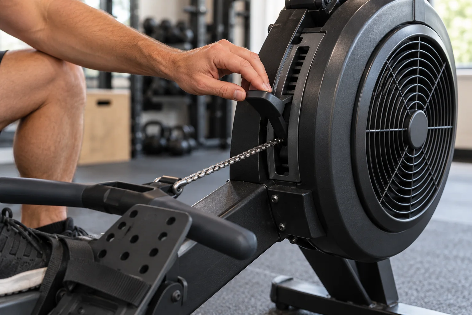 Hand beside an air rower damper lever and fan housing