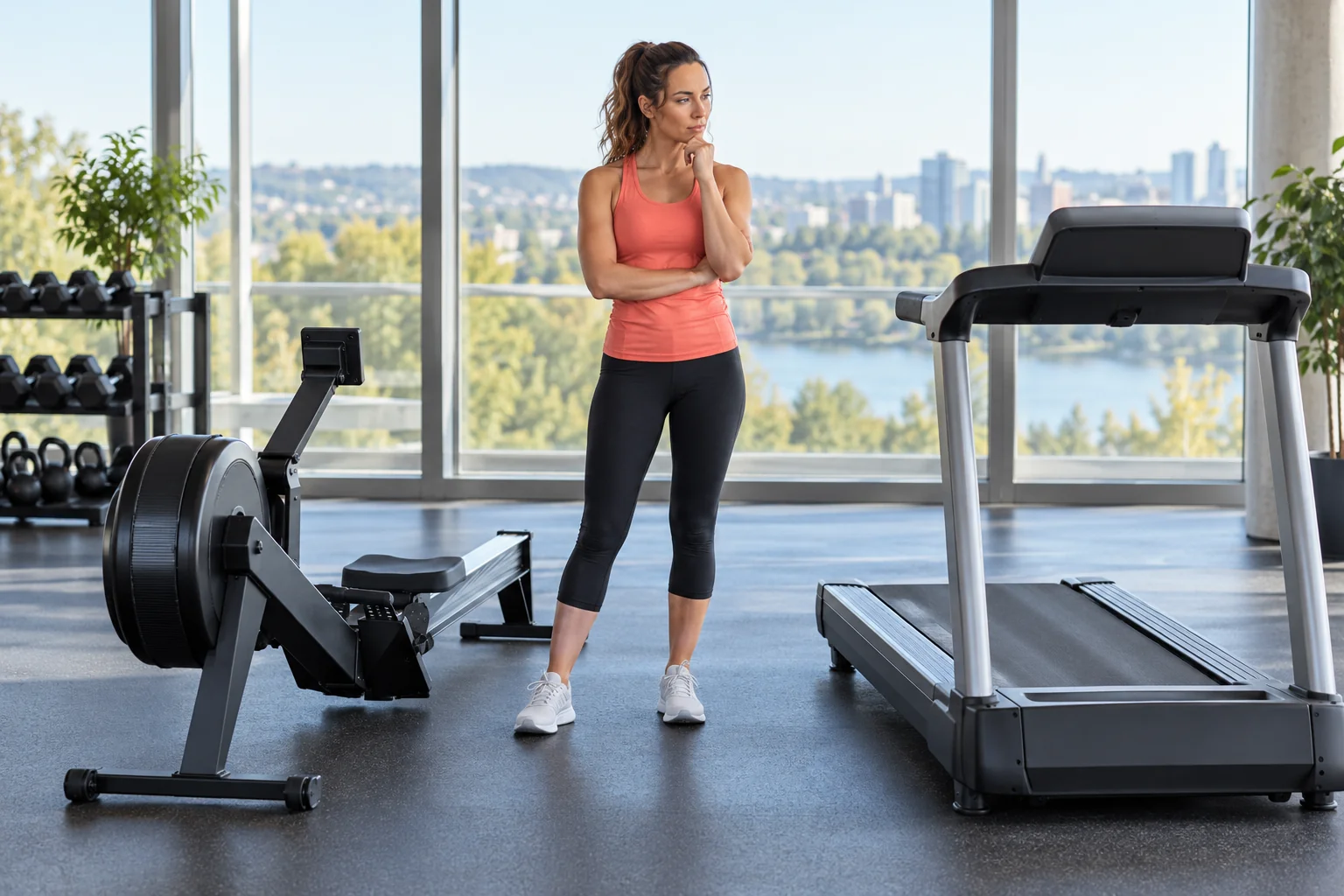 Woman comparing a rowing machine and treadmill in a gym