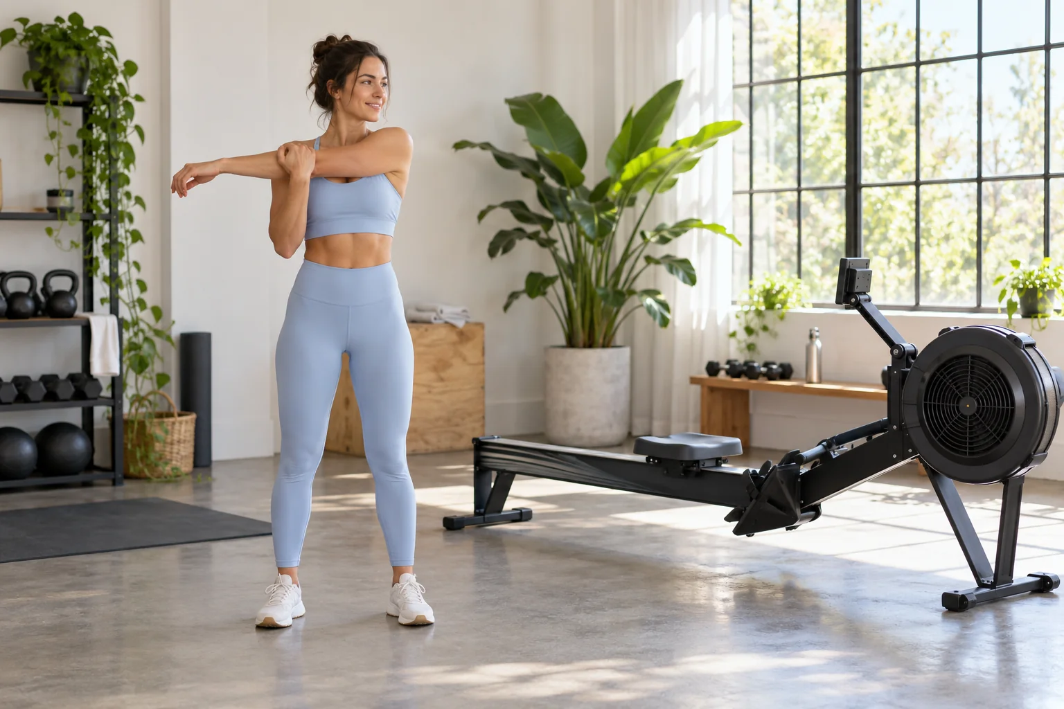 Woman warming up her shoulders beside an indoor rower