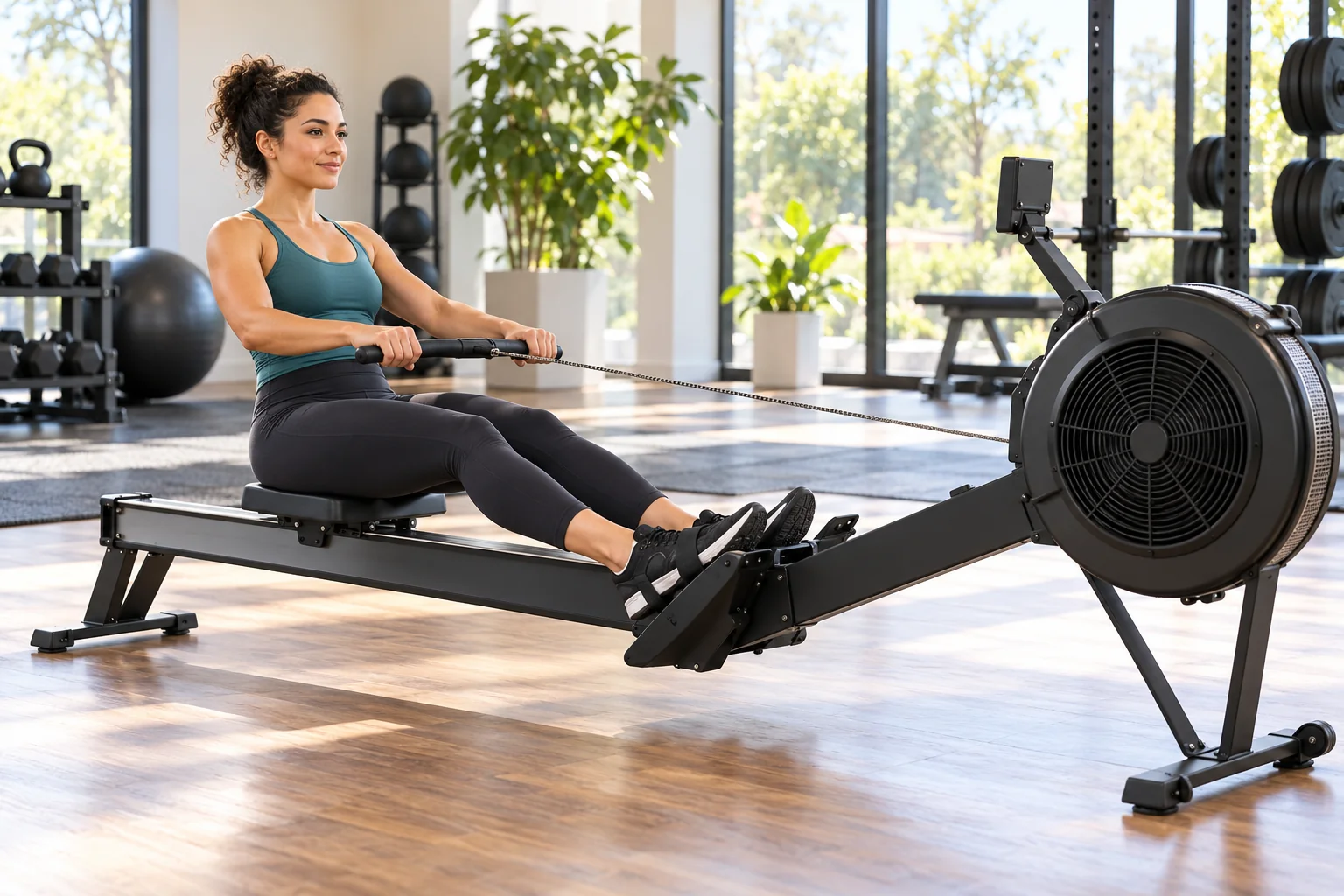 Woman rowing on an indoor air rower in a bright gym
