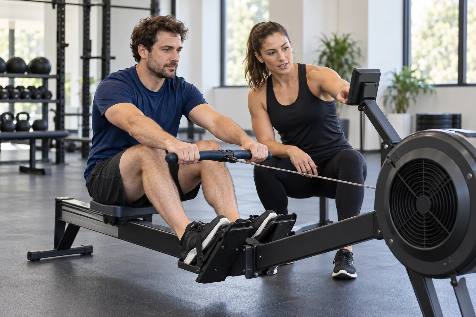 Beginner seated on a rower while a coach explains the monitor