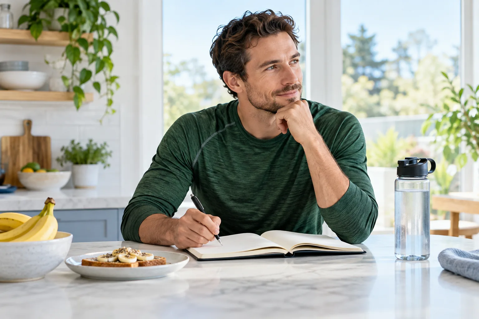 Runner recording meal and training observations beside a simple breakfast