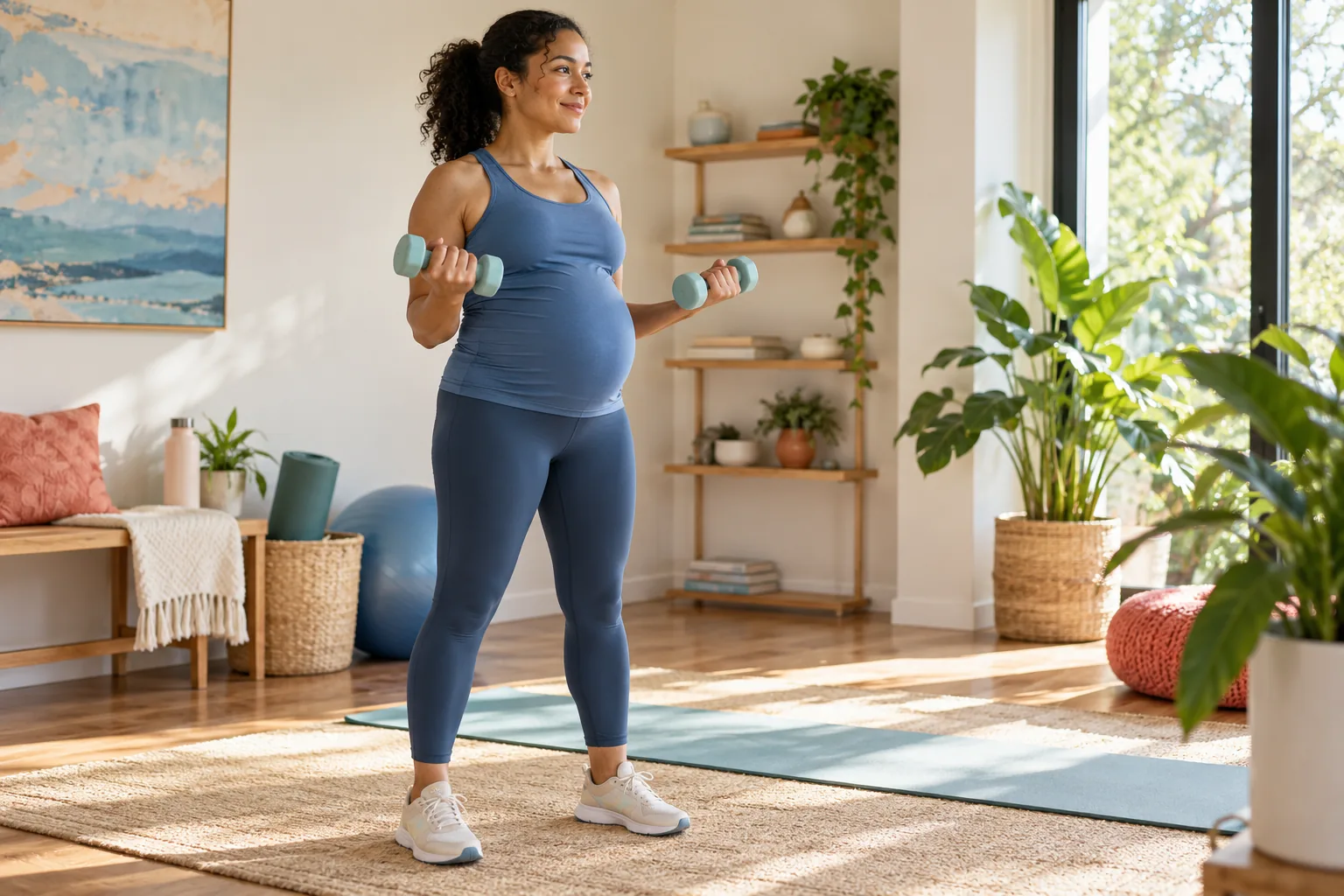 Second-trimester adult using light dumbbells for a controlled standing exercise