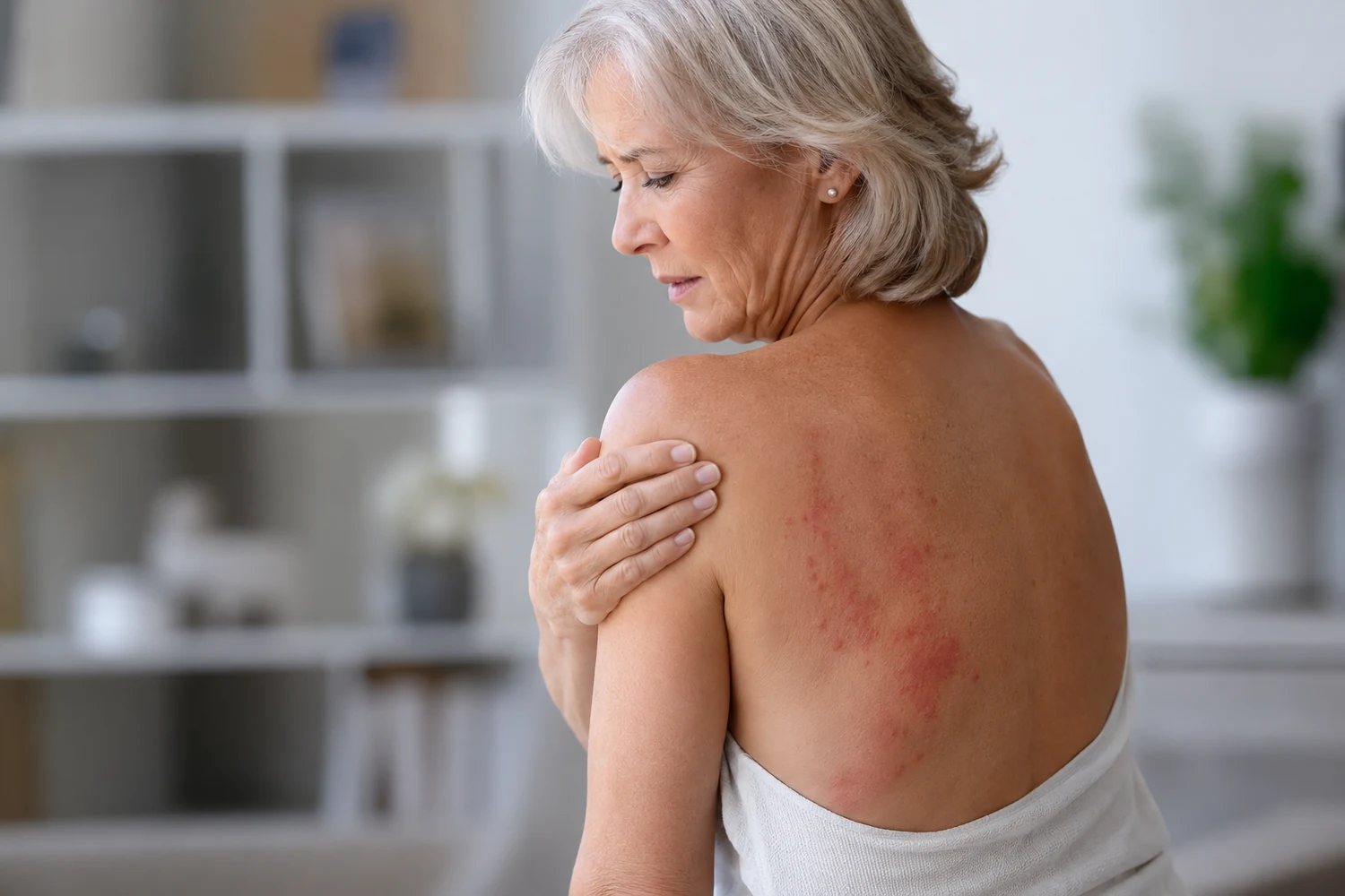 Older woman looking at a painful shoulder rash to illustrate shingles symptoms
