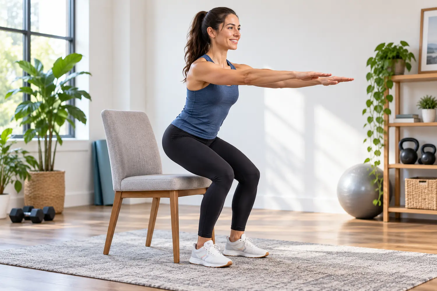 Woman performing a controlled sit-to-stand exercise from a sturdy chair