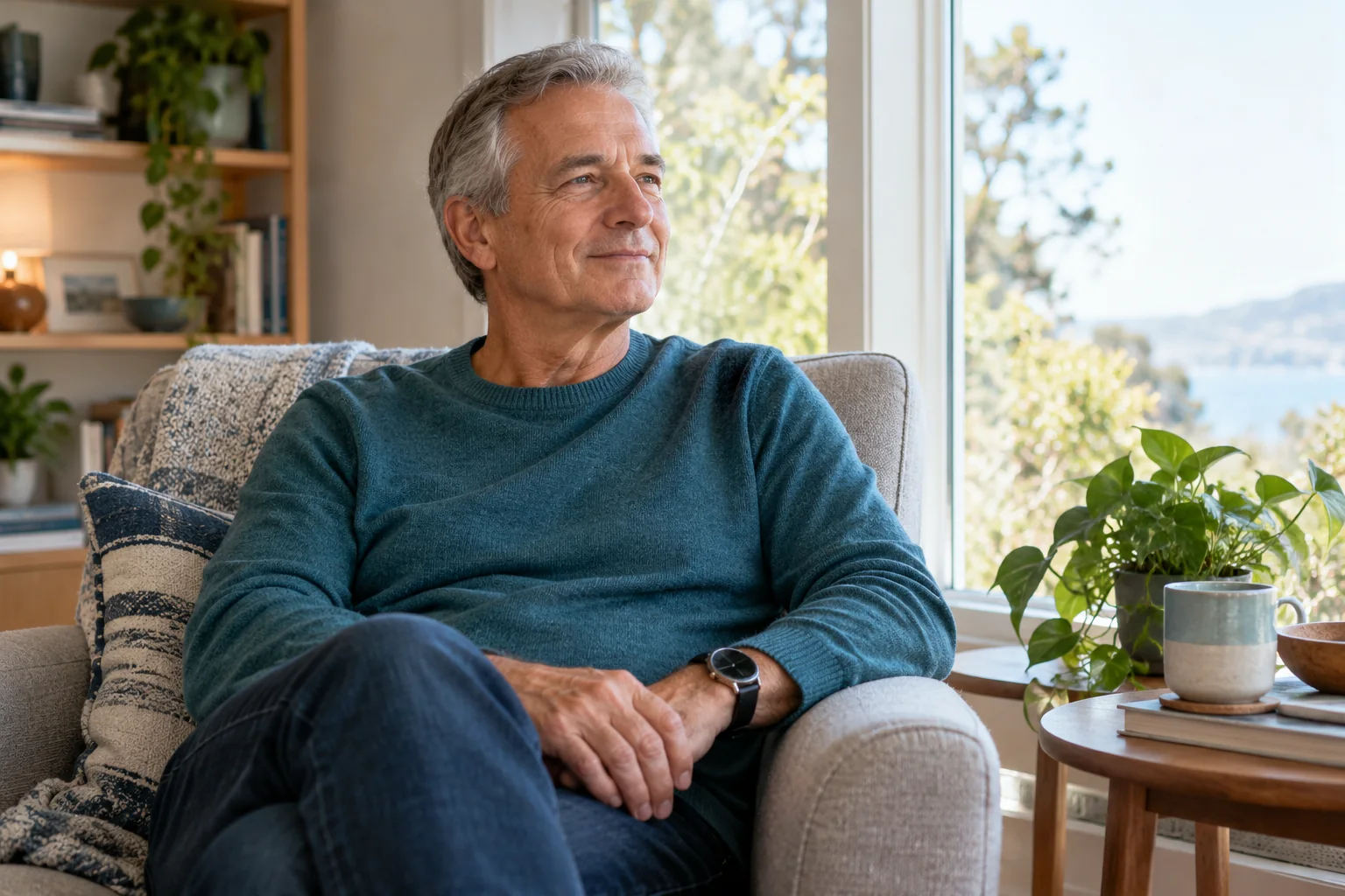 An older adult sitting comfortably by a window with a wristwatch.