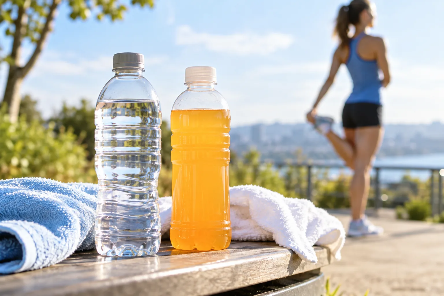 Water and an orange sports drink on a bench beside an exercise area