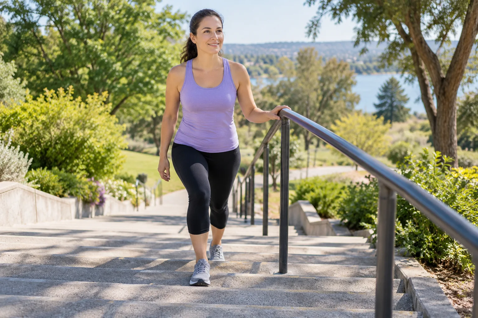 A woman in a lavender athletic top walking up broad dry outdoor park stairs using the sturdy handrail, full feet placed naturally on steps