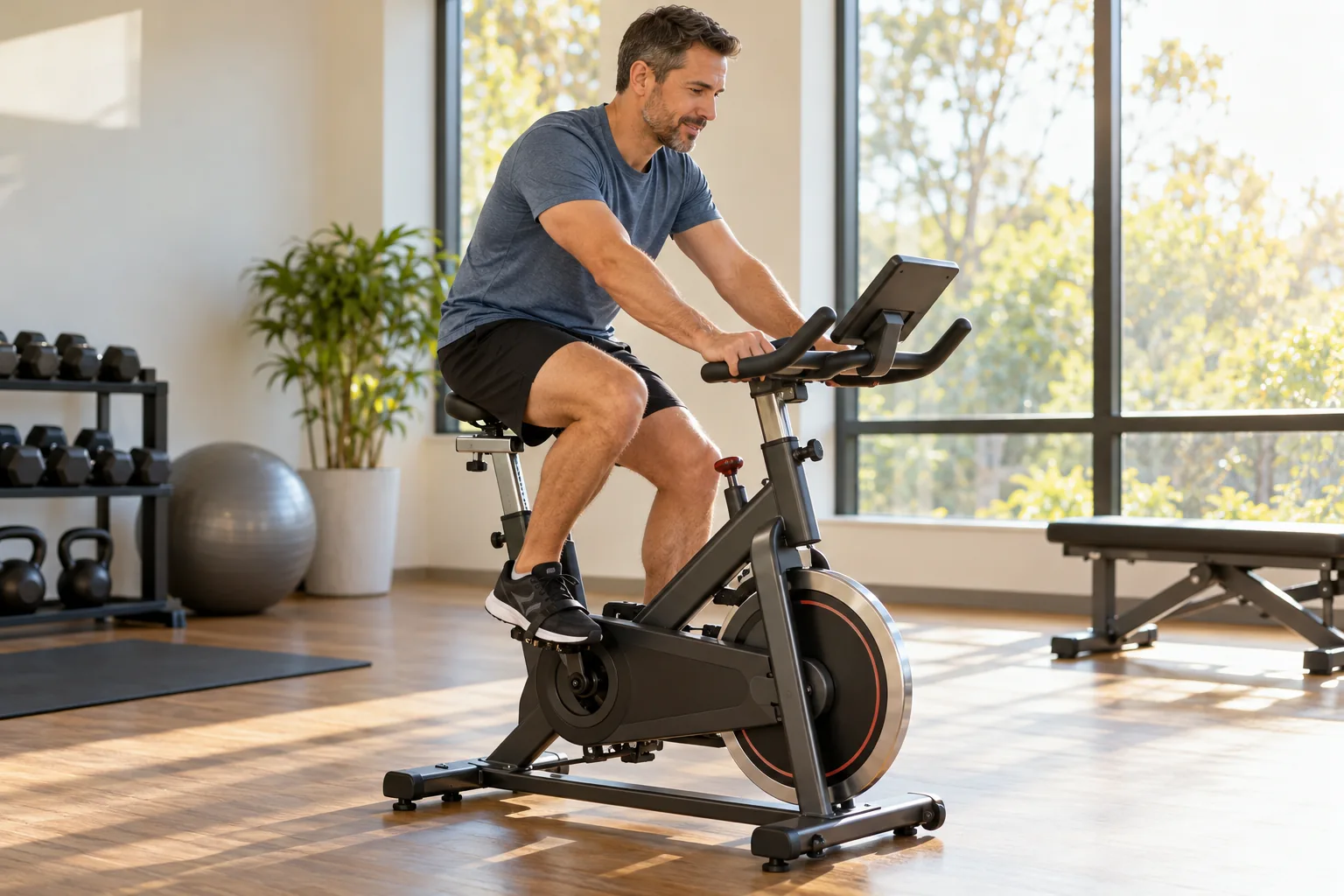 An adult man seated and pedaling a realistic indoor cycling bike at a comfortable pace, glancing briefly at a plain console, three-quarter side view in bright gym