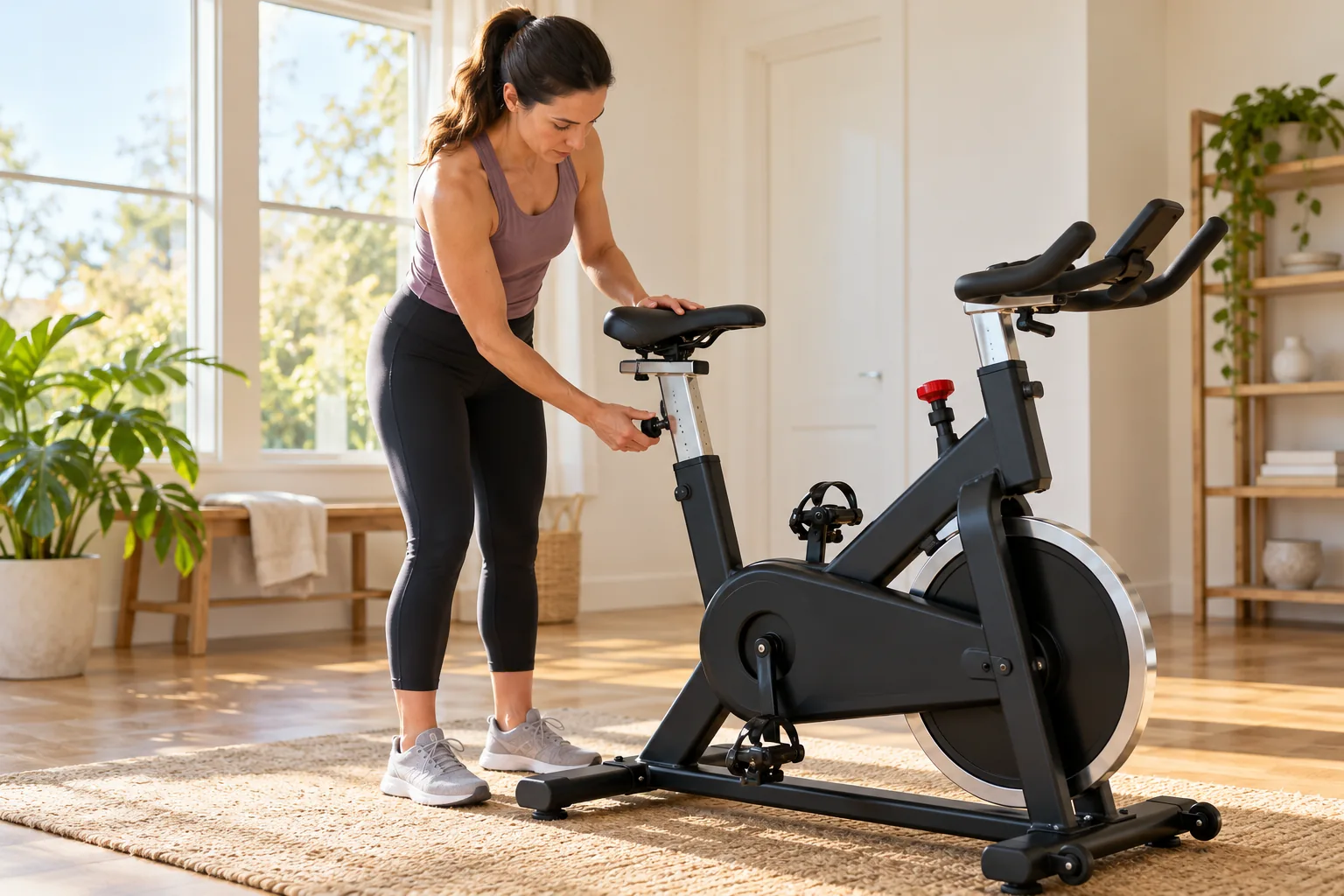 An adult woman standing beside a stationary indoor cycling bike adjusting its saddle height knob with the pedals fully stopped, bright home workout room