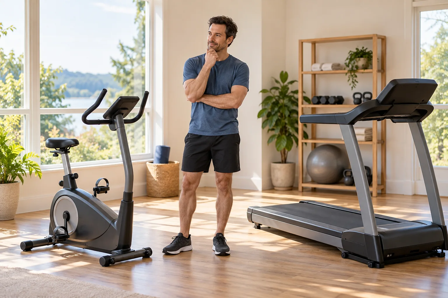 An adult man standing thoughtfully between a realistic upright exercise bike and treadmill in a bright spacious home gym, both machines stopped and fully visible