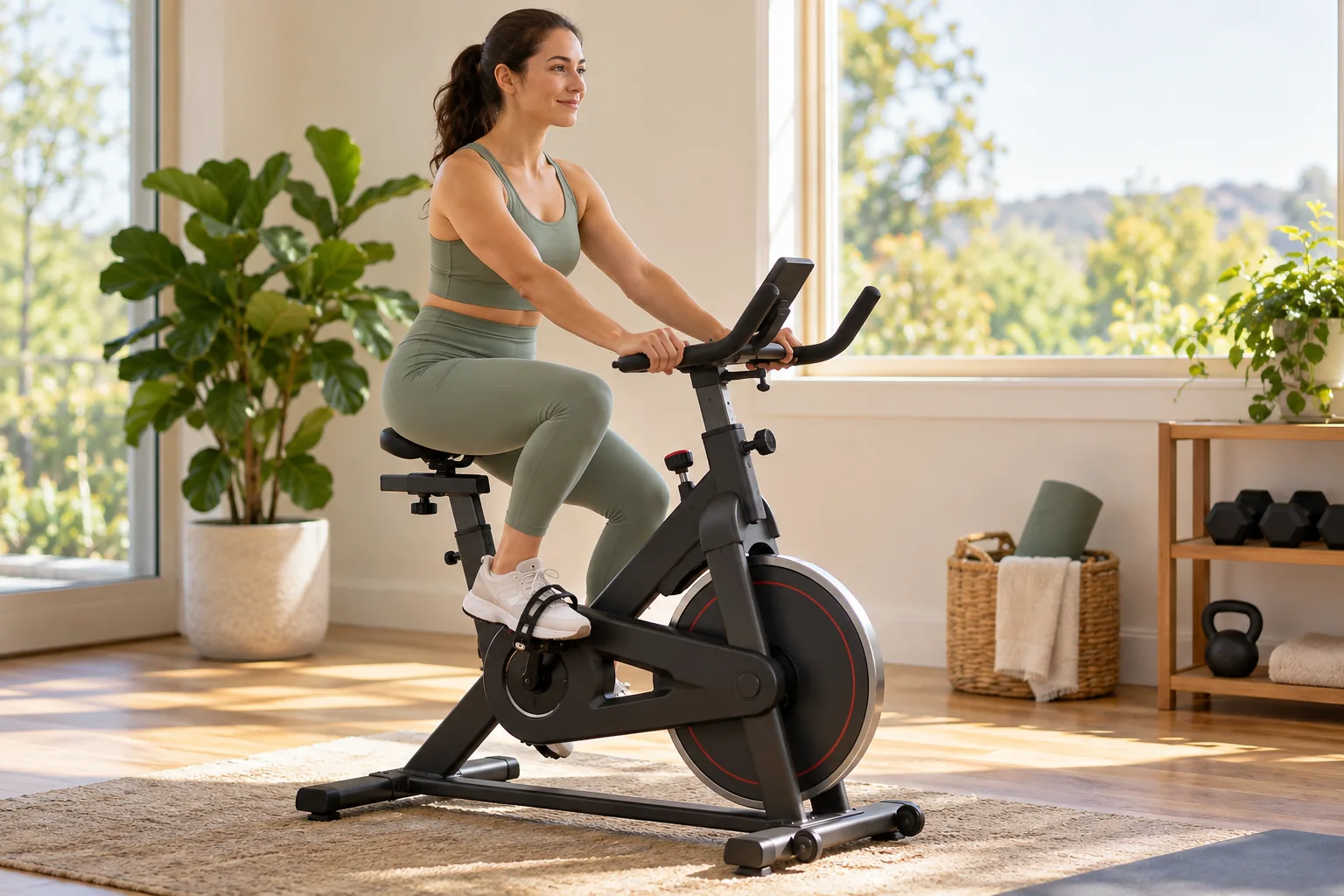 An adult woman in sage workout clothing performing easy seated pedaling on a stationary bike, relaxed hands and shoulders, daylight exercise room