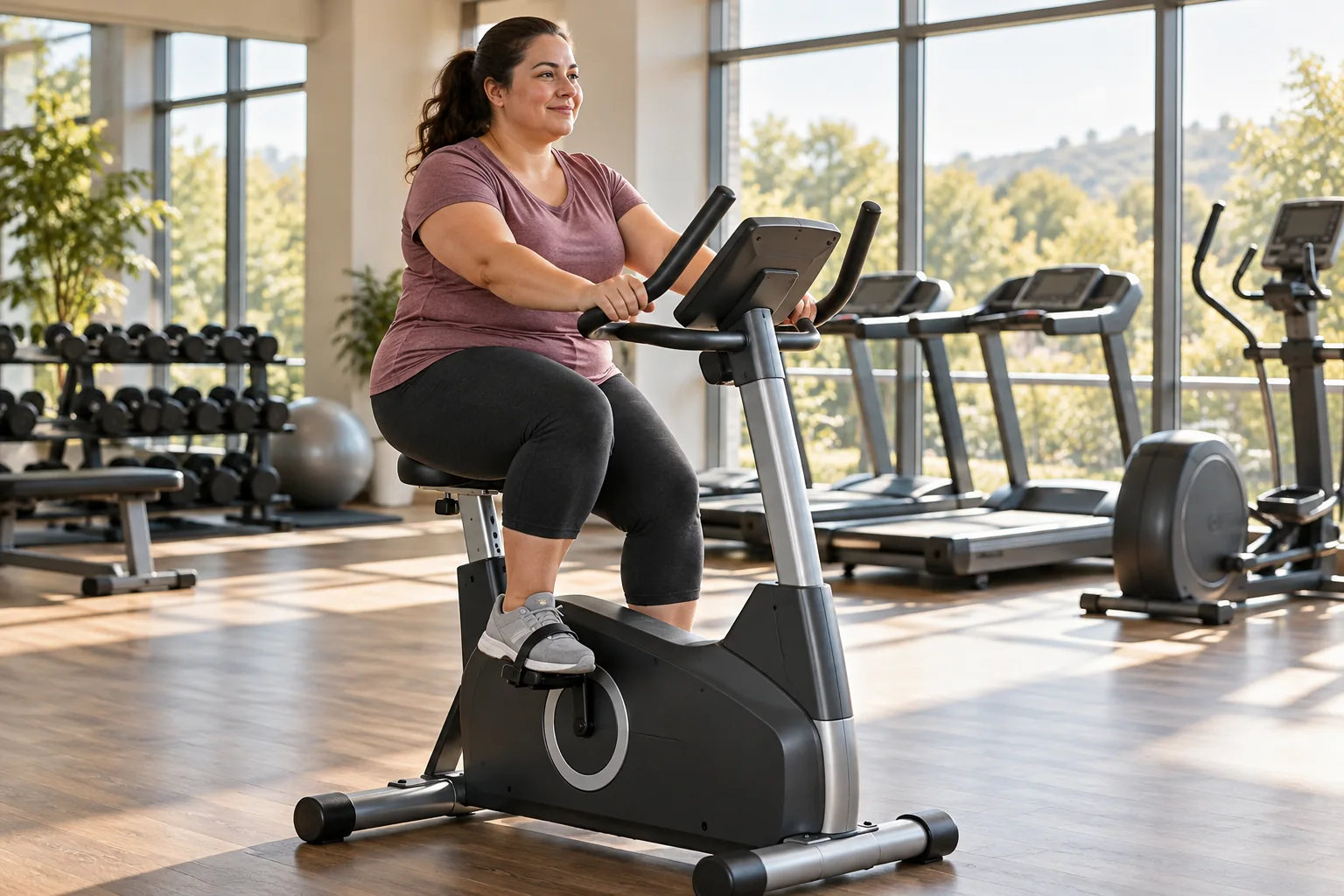 A plus-size adult woman riding an accessible upright stationary bike, comfortable modest workout clothes, calm confident expression, spacious gym, realistic equipment and natural proportions