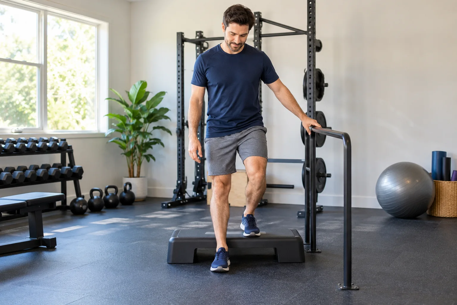 A man in a navy shirt practicing a low supported step-down from a solid exercise platform in a bright home gym, hand resting on a fixed rail
