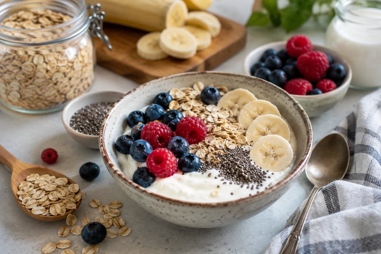Jar of yogurt and oats topped with berries, banana and chia seeds