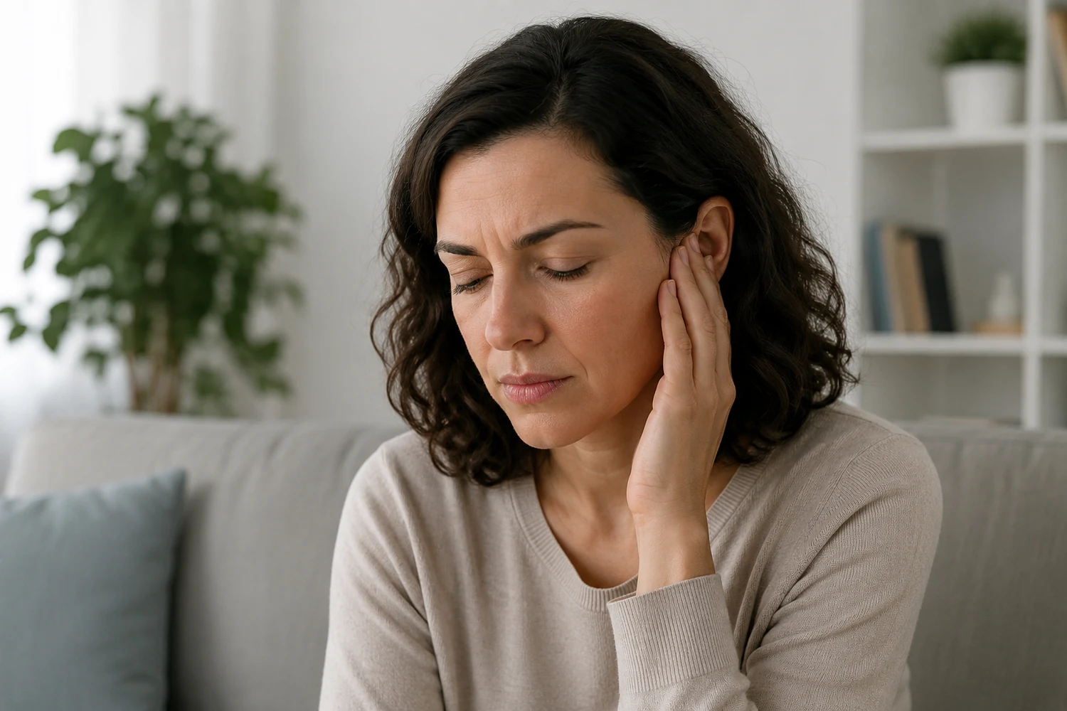 Woman touching her ear to illustrate ringing or discomfort associated with tinnitus