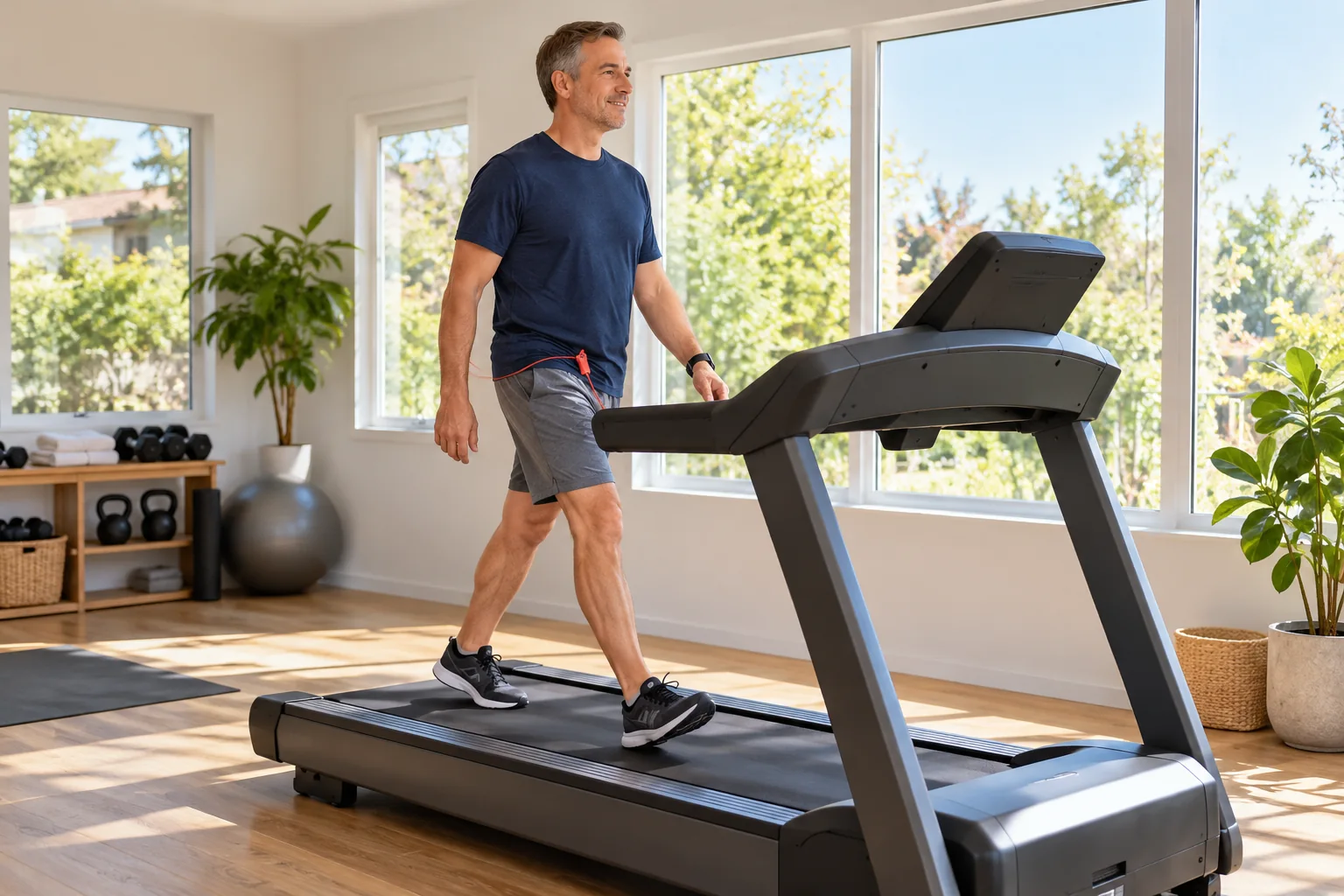 A middle-aged man walking upright at an easy pace on a coherent modern treadmill with slight incline in a sunny home fitness room, safety clip attached