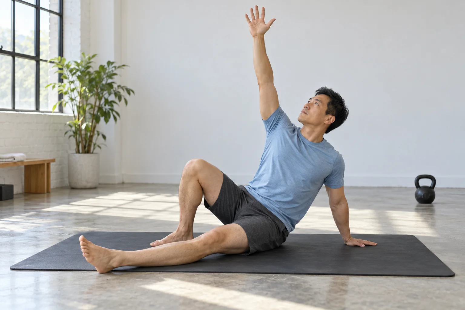 A man practicing an unloaded supported half Turkish get-up on a floor mat