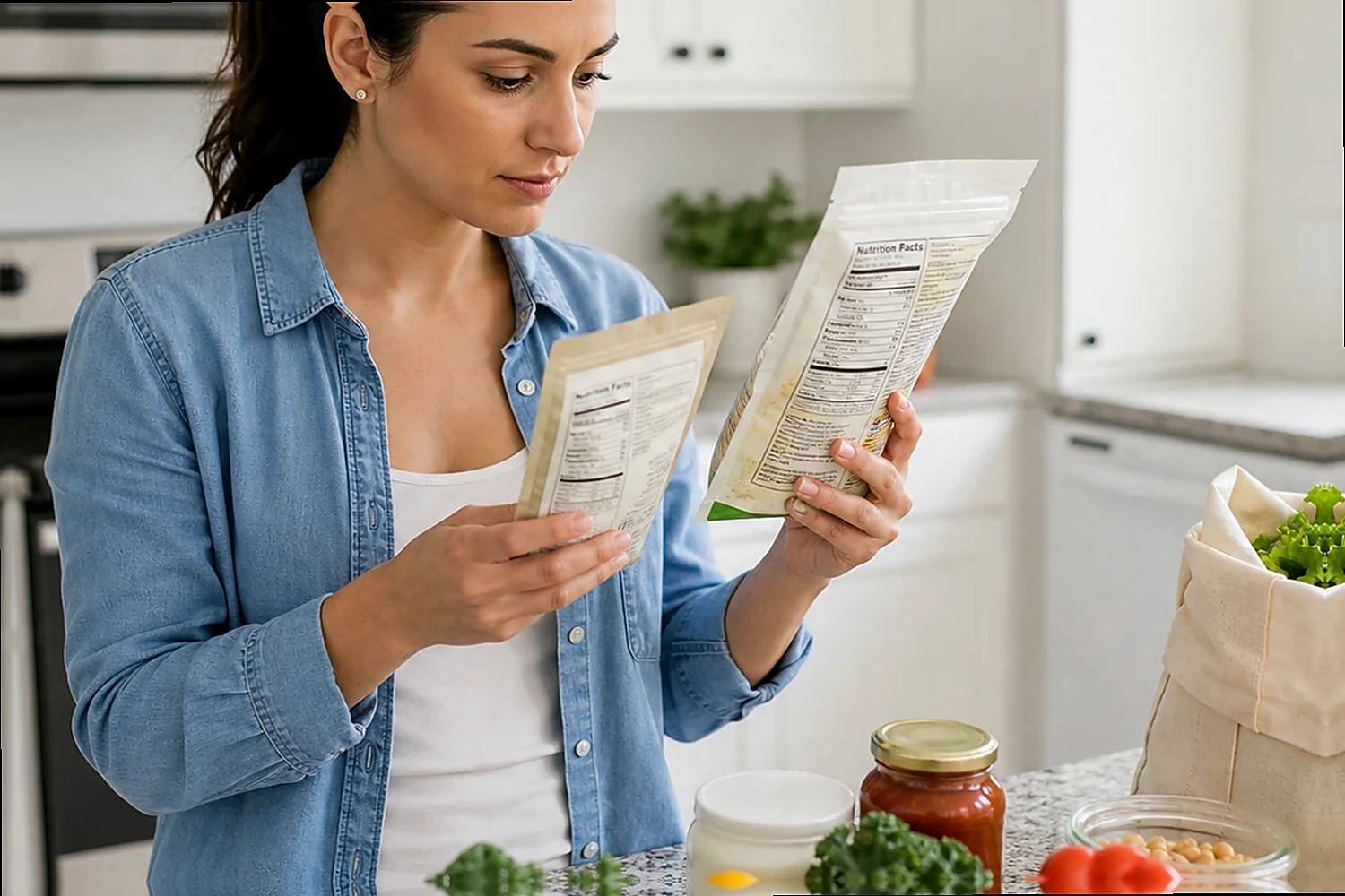 Adult comparing packaged foods while shopping among fresh vegetables in a grocery store
