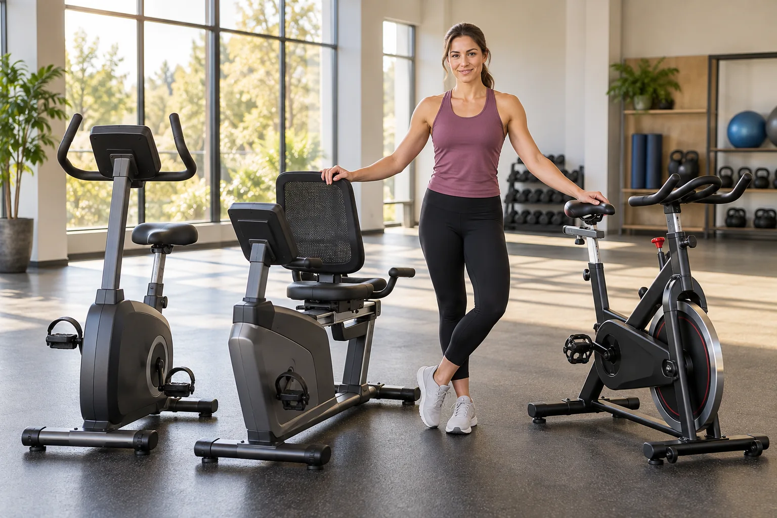 A female fitness instructor standing in a spacious gym between three distinct realistic exercise bikes: one upright with broad saddle, one low recumbent with backrest, one indoor cycling bike with narrow saddle, no brand marks
