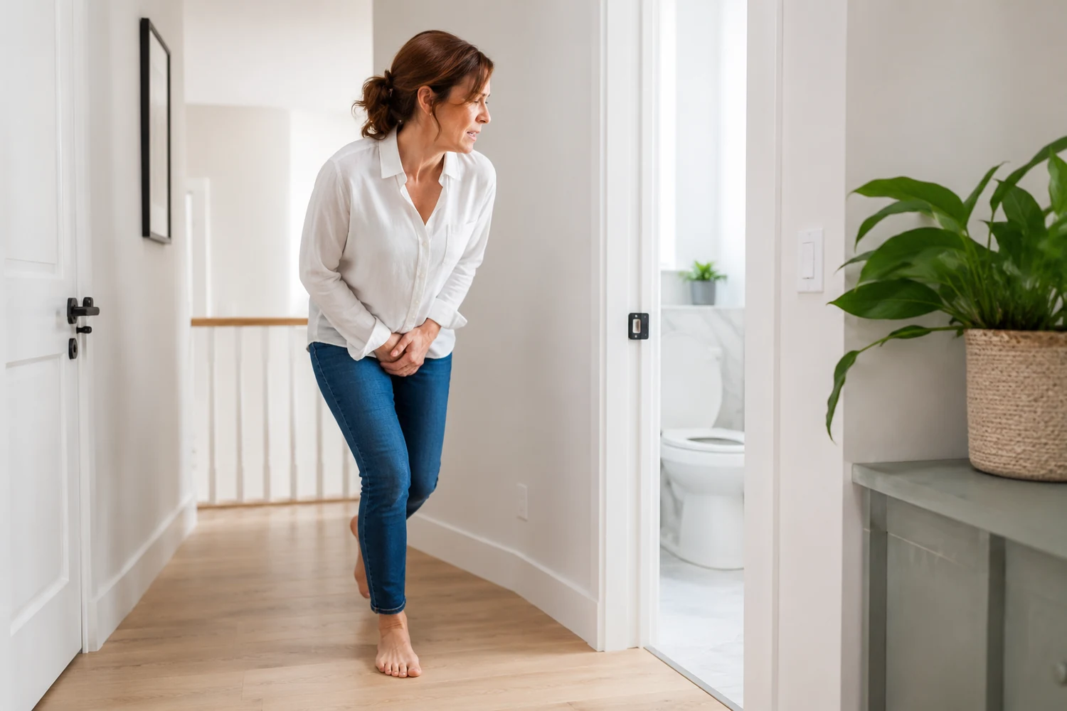 Woman hurrying toward the bathroom to illustrate urgency and urinary incontinence symptoms