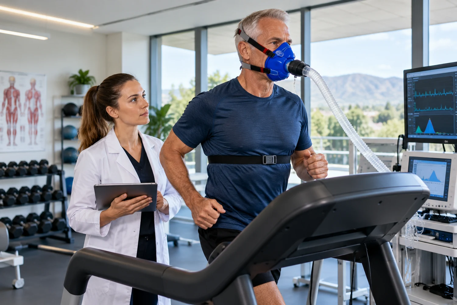 Older man completing a treadmill VO2 max test with a respiratory mask while an exercise professional monitors the assessment