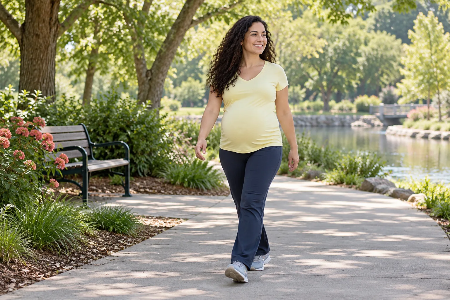 Pregnant adult walking comfortably on a level shaded park path