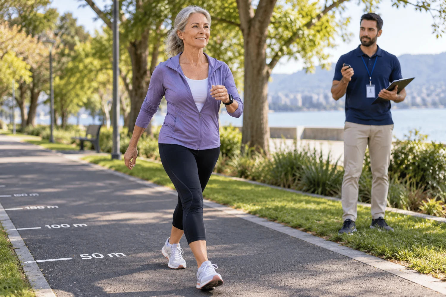 Woman over 60 completing a timed walking pace assessment on a waterfront path while a trainer records the result