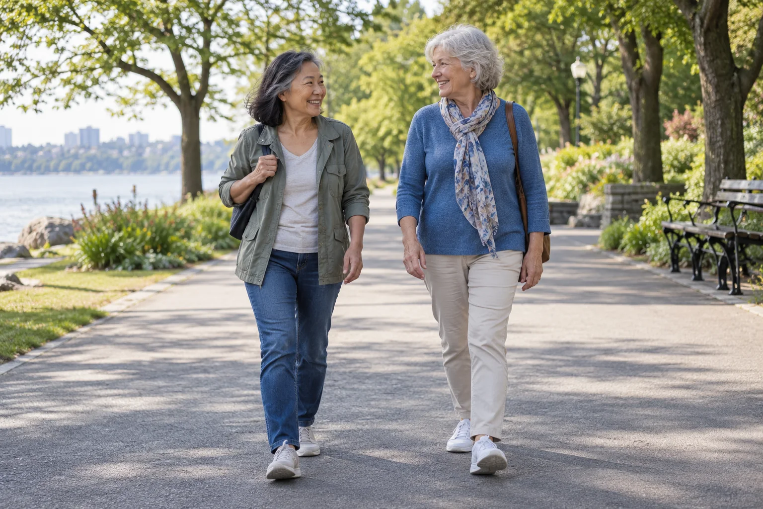Two friends enjoying a level paved park path.