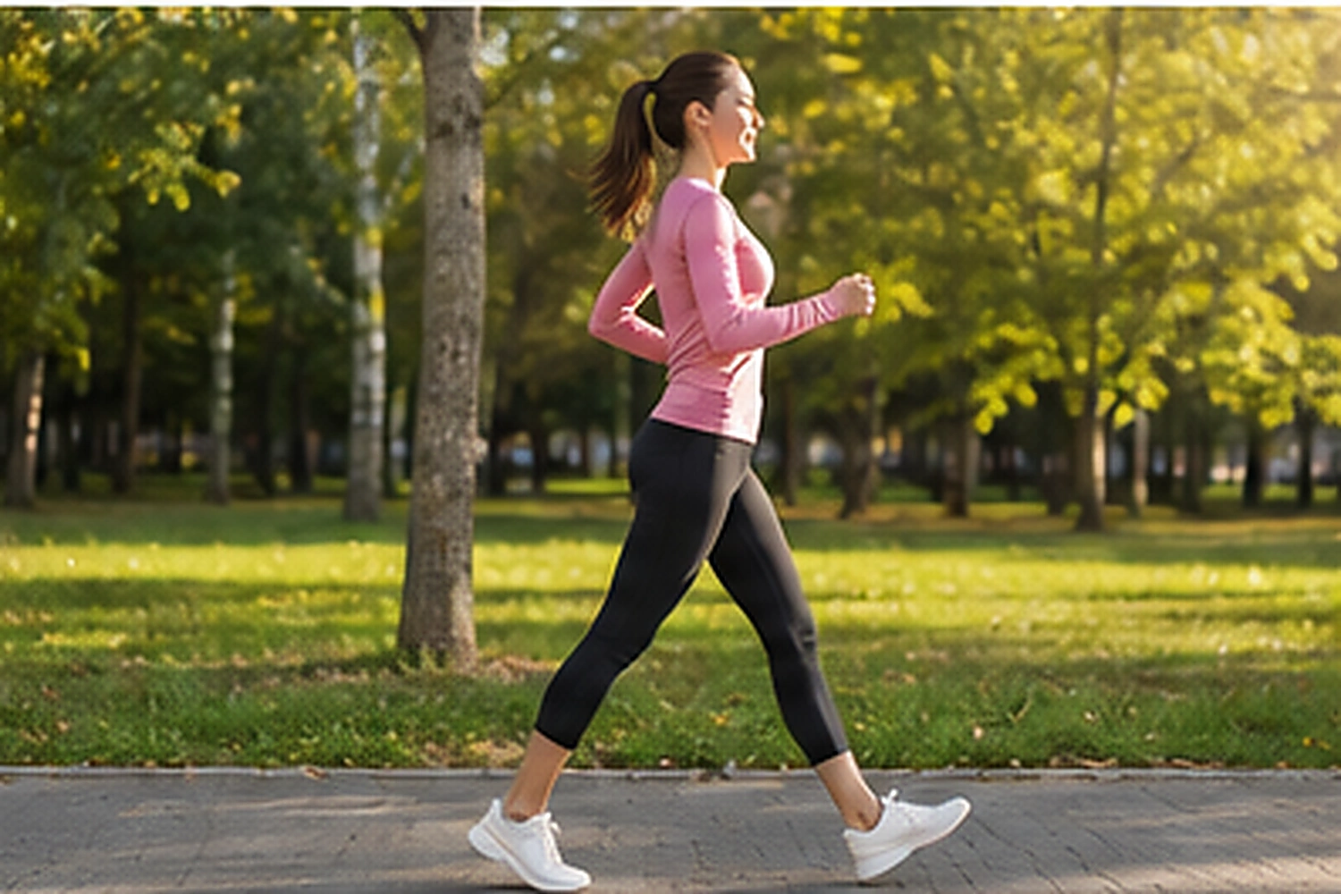 Woman brisk walking on a sunny park path during a beginner walking workout