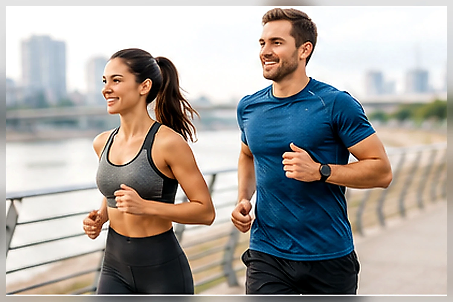 Active woman and man jogging together on a waterfront path as part of a balanced weight loss exercise plan