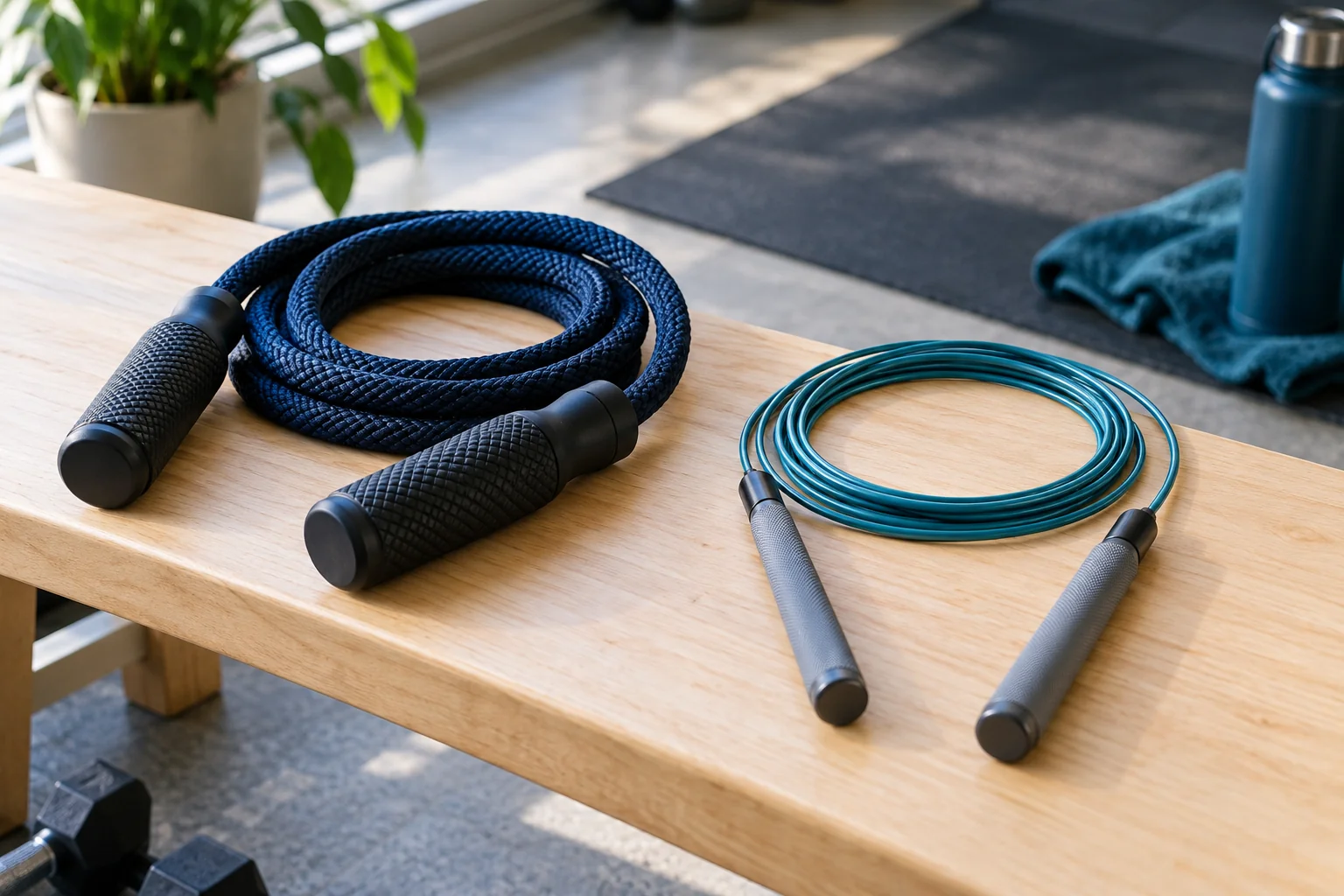 A thicker weighted rope beside a thin speed rope on a wooden bench.