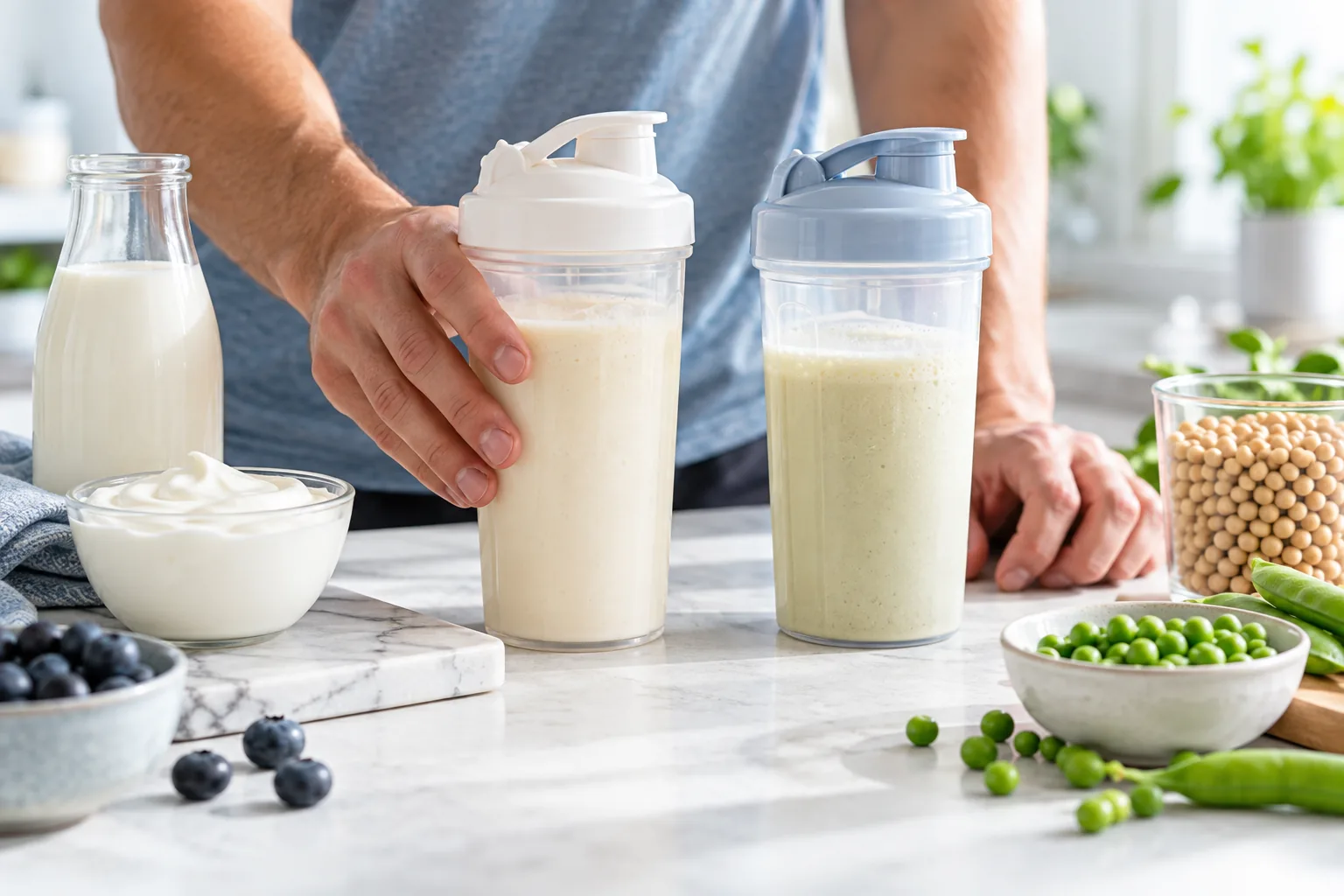 Unbranded protein drinks beside dairy foods, soybeans and peas