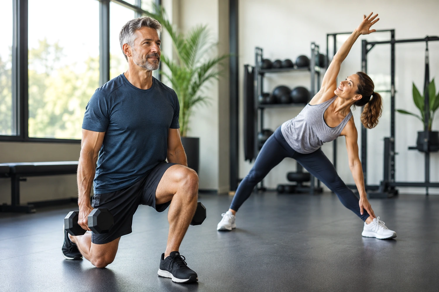 Mature adults performing a controlled lunge and mobility exercise in a bright gym