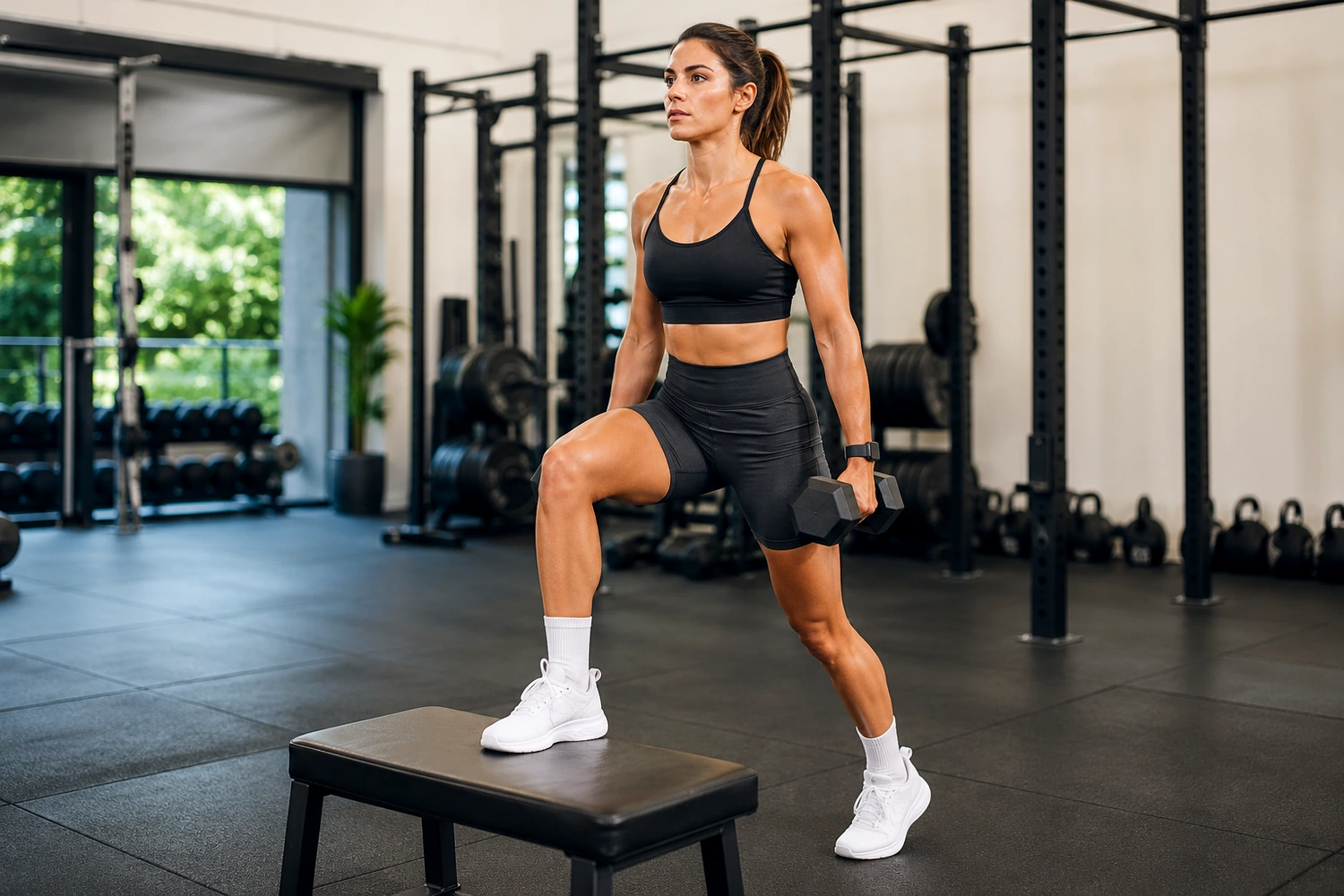 Woman performing a controlled dumbbell step-up in a modern strength gym