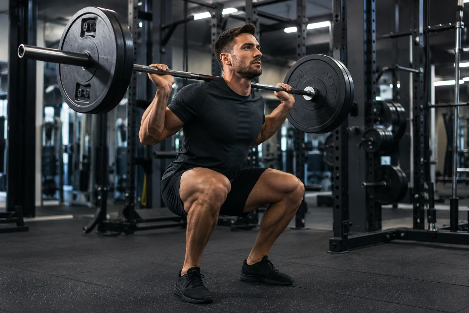 Man performing a controlled barbell back squat in a modern strength gym